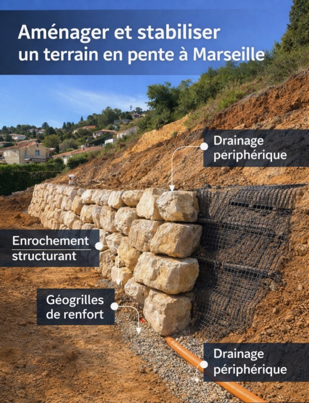 Aménagement et stabilisation d’un terrain en pente à Marseille