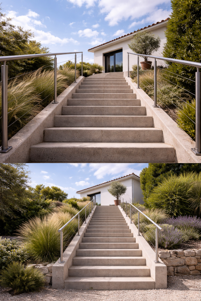 Escalier contemporain avec garde corps inox et béton désactivé
