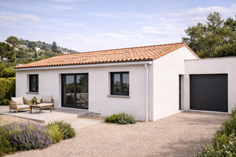 Maison plain pieds avec enduit blanc, menuiserie noir alu et toiture traditionnelle à Marseille