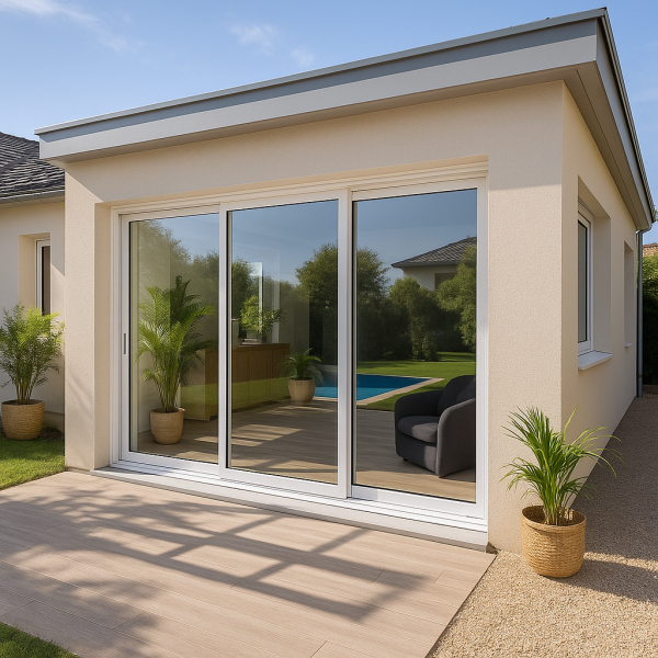  Baie vitrée coulissante 3 vantaux aluminium blanc de marque PAAL vue d'extérieur