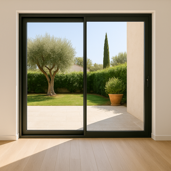 Baie vitrée en aluminium noir sablé double vitrage 4-20-4 FE