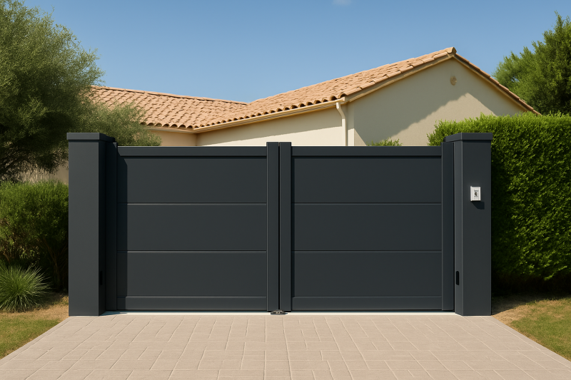 Portail motorisé avec allé en pavé vue extérieur