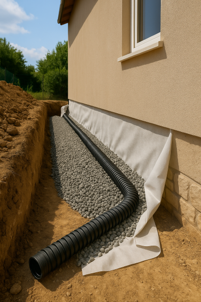 Drain rigide fendu en cours de pose, ajusté en courbe sur un terrain en pente.