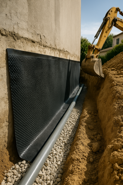 Cuvelage extérieur avec membrane étanche, drain et gravier en pied de mur, excavation assistée par engin.