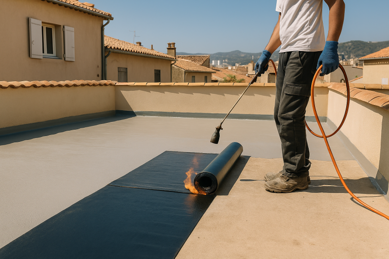 Pose d’une membrane bitumineuse sur toit-terrasse typique marseillais