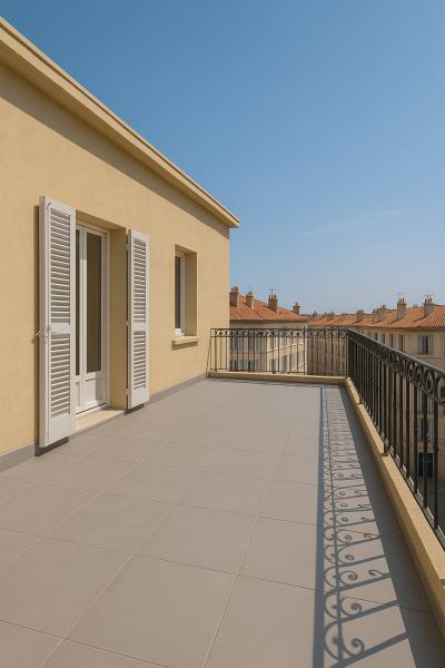 terrasse au dernier étage à Marseille, carrelée et étanchéifiée par GB Batiment, avec panorama urbain