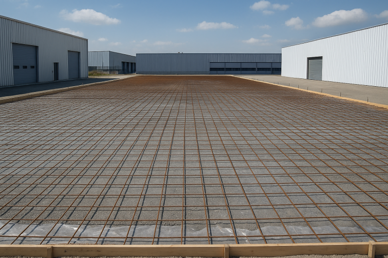 Réalisation d’une dalle béton armé de 830 m² dans une zone industrielle aux Pennes-Mirabeau, treillis soudé installé avant coulage du béton