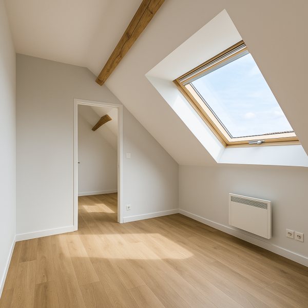 Chambre rénovée issue de combles aménagés à Marseille, avec parquet bois clair, poutres apparentes et fenêtre de toit Velux pour lumière naturelle