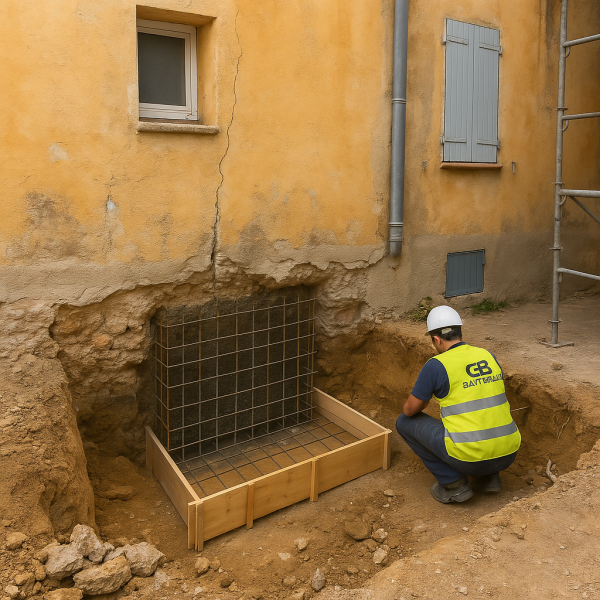 Reprise en sous-œuvre à Marseille avec excavation, coffrage bois et treillis soudé positionnés contre un mur ancien fissuré.