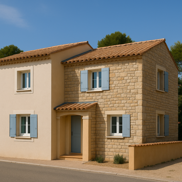Maison à Marseille avec façade en enduit décoratif beige et façade en parement pierre naturelle, rénové par GB BATIMENT
