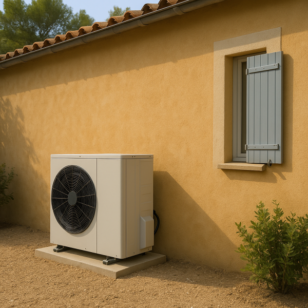 Pompe à chaleur installée sur façade de maison méditerranéenne à Marseille, avec enduit beige et toiture en tuiles.