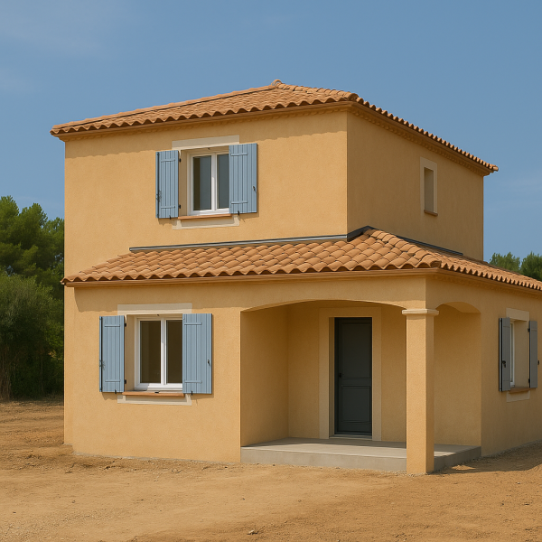 Maison neuve à Marseille sur deux étages avec façade crépie, toiture en tuiles et petite terrasse couverte au rez-de-chaussée.