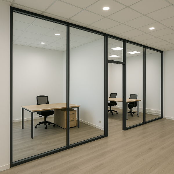 Bureau individuel vitré à Aix-en-Provence avec cloisons toute hauteur, mobilier clair, éclairage LED encastré et aménagement par GB Batiment