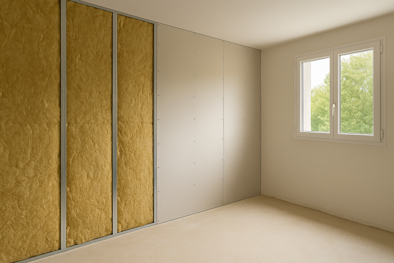 Isolation intérieure à Marseille en cours avec ossature métallique utile espacée de 60 cm, laine isolante posée et plaques de plâtre BA13 fixées, fenêtre latérale visible