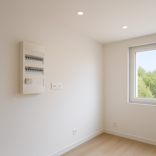 Mise aux normes électriques à Marseille avec tableau moderne encastré, gaines invisibles, prises et luminaires LED installés par GB Batiment