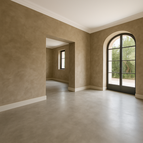 Salon contemporain à Marseille avec enduits décoratifs haut de gamme et sol en béton ciré moderne réalisés par GB Batiment