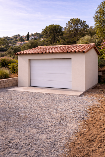 Garage indépendant construit à Marseille, avec structure maçonnée, enduit de finition et accès sécurisé, réalisé par GB Batiment.